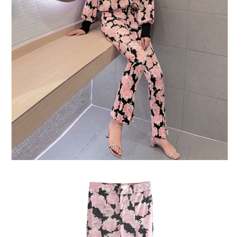 Fashion Pink Floral Print Split Straight Pants,Pants