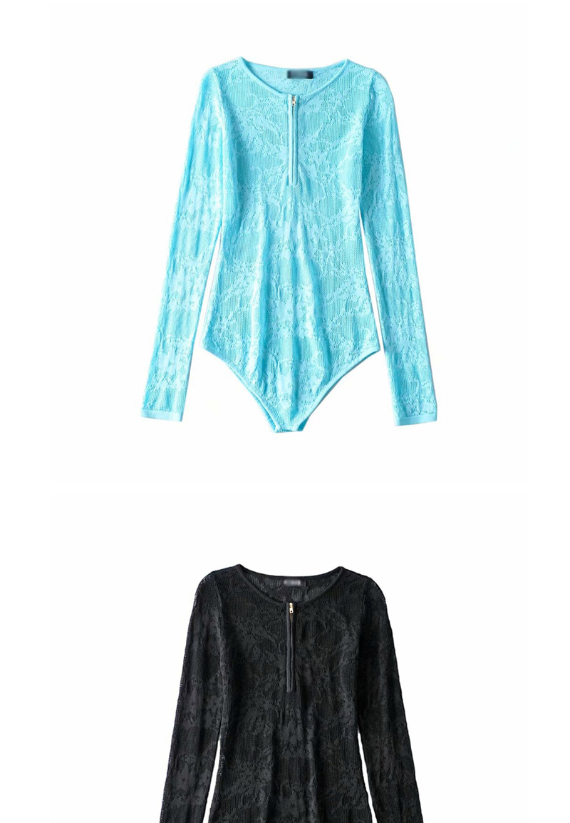 Fashion Lake Blue Half Zipper Water-soluble Flower Bodysuit,SLEEPWEAR & UNDERWEAR