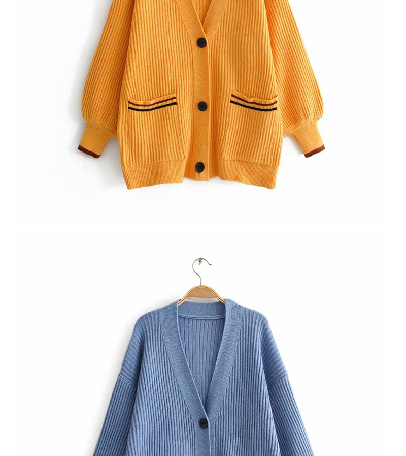 Fashion Blue V-neck Single-breasted Double-pocket Sweater Knit Cardigan,Sweater