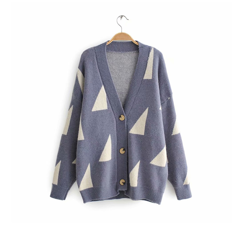 Fashion Blue Geometric Rhombus V-neck Single Breasted Sweater,Sweater