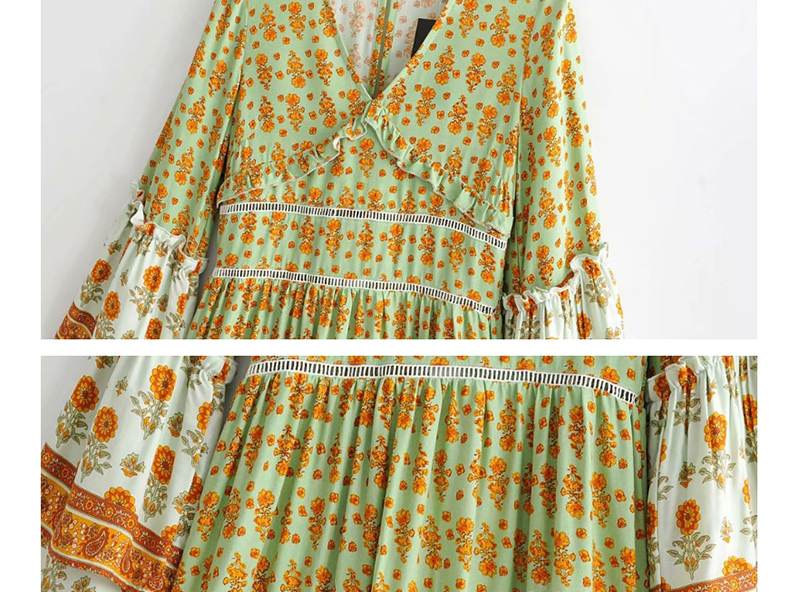 Fashion Green Lace-paneled Flower Print V-neck Ruffle Dress,Long Dress