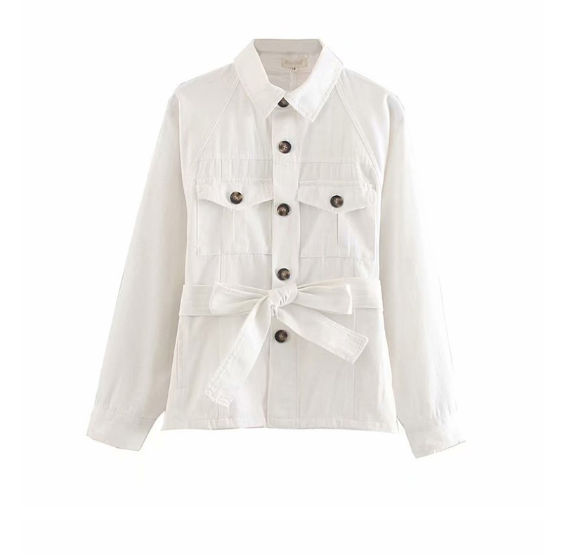 Fashion White Frayed Pocket Lace Up Jacket,Coat-Jacket