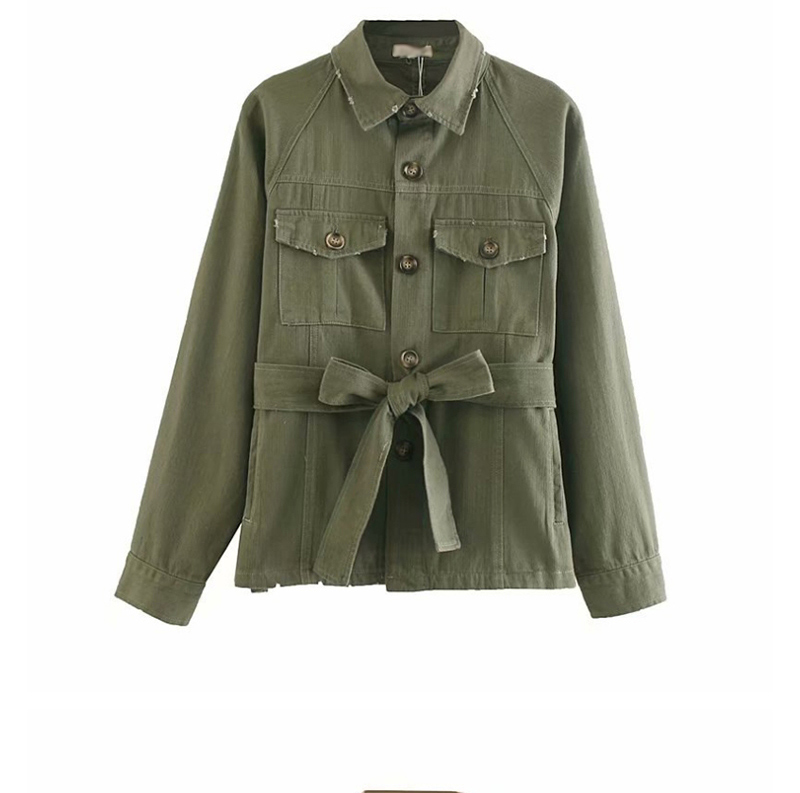 Fashion Army Green Frayed Pocket Lace Up Jacket,Coat-Jacket