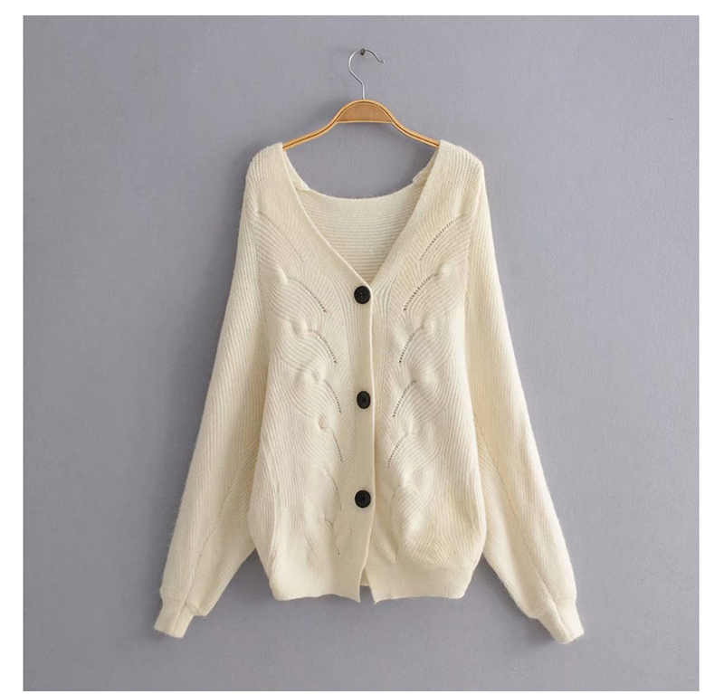 Fashion Beige V-neck Single-breasted Knitted Sweater,Sweater