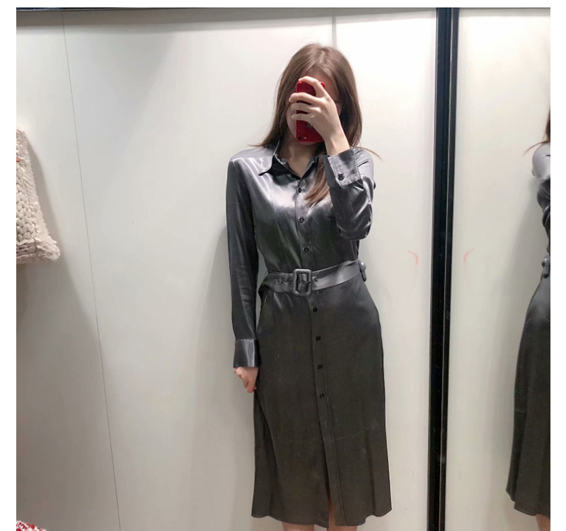 Fashion Gray Satin Shirt Belt Dress,Long Dress