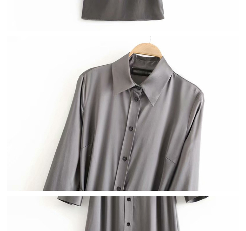 Fashion Gray Satin Shirt Belt Dress,Long Dress