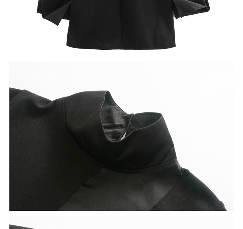 Fashion Black Satin-paneled Stand-up Collar Shirt,Blouses