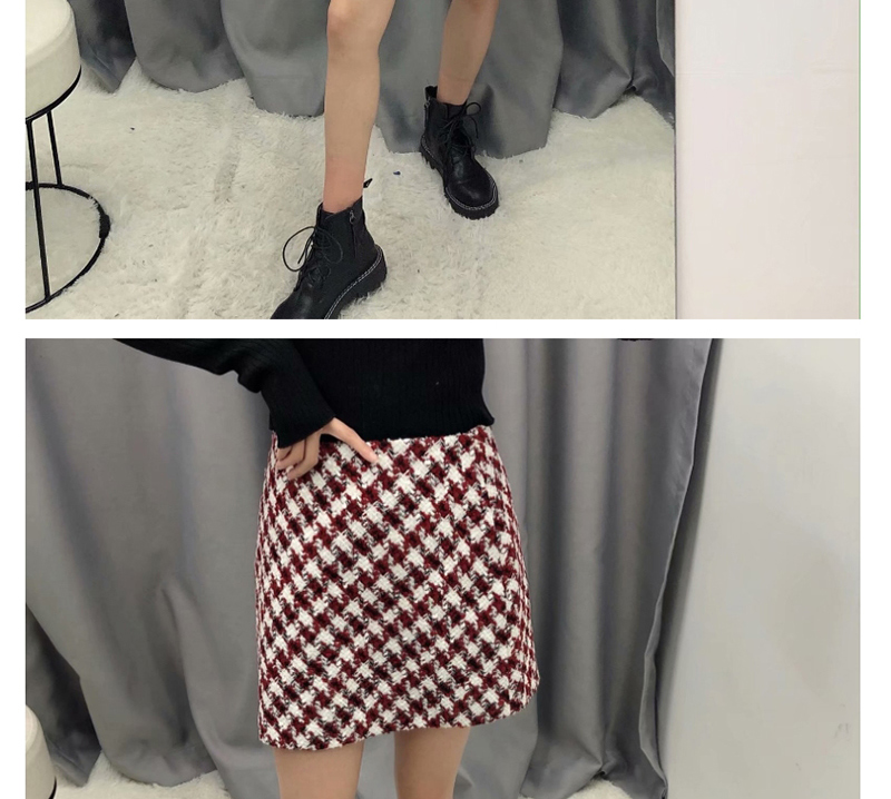 Fashion Wine Red Tweed Checked Skirt,Skirts