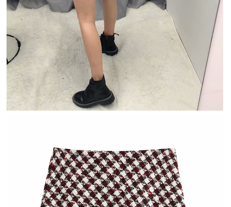 Fashion Wine Red Tweed Checked Skirt,Skirts