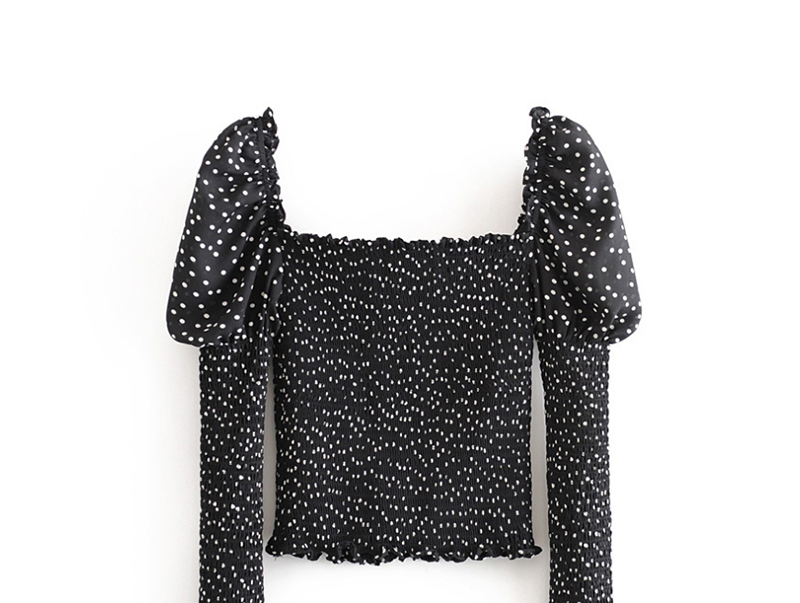 Fashion Black Polka-dot Square Neck Fungus Pleated Stretch Elastic Shirt,Blouses