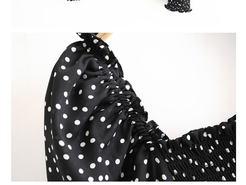 Fashion Black Polka-dot Square Neck Fungus Pleated Stretch Elastic Shirt,Blouses
