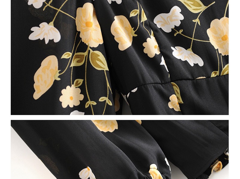 Fashion Black Printed Square Leader Shirt With Drawstring Tie,Blouses