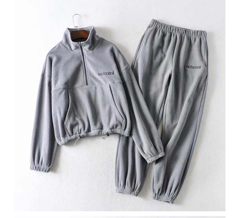Fashion Gray Hooded Sweater + Straight Pants Suit,ACTIVEWEAR