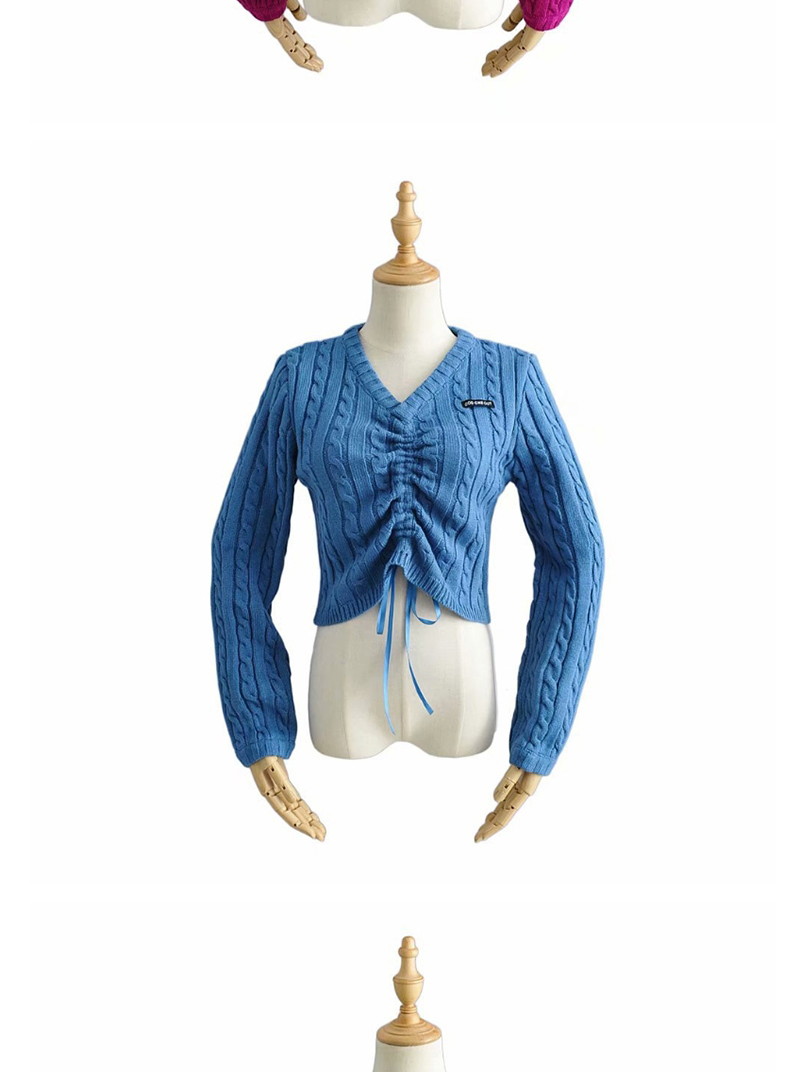 Fashion Blue Front Drawstring V-neck Knitted Sweater,Sweater