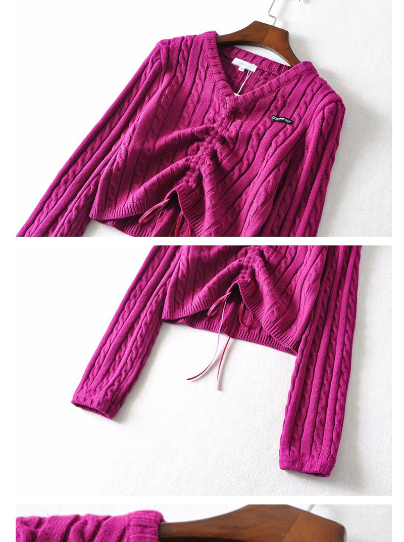 Fashion Fuchsia Front Drawstring V-neck Knitted Sweater,Sweater