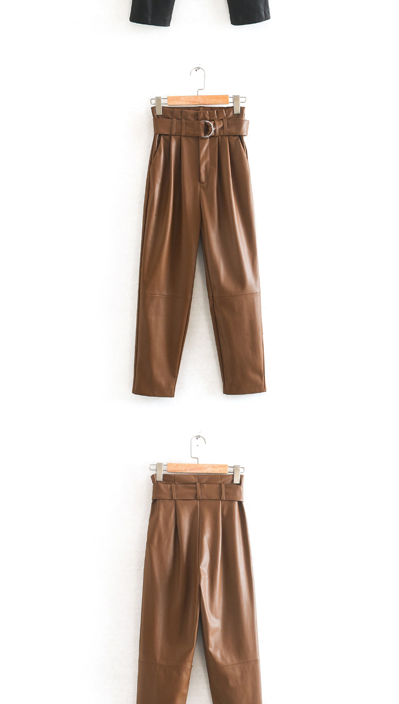 Fashion Khaki Pu Leather High Waist Belt Wrinkled Leather Pants,Pants