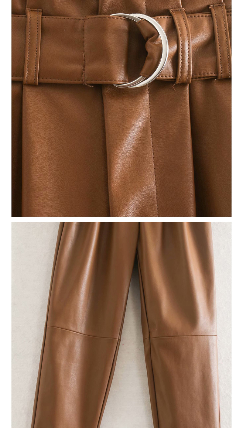 Fashion Khaki Pu Leather High Waist Belt Wrinkled Leather Pants,Pants
