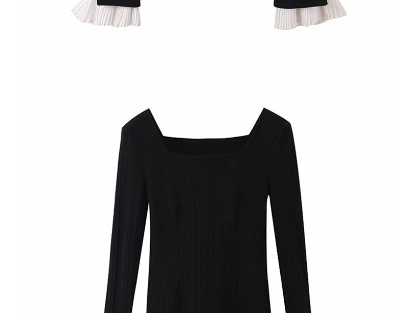 Fashion Black Square-neck Ruched Flared Sleeves Patchwork Sweater,Sweater