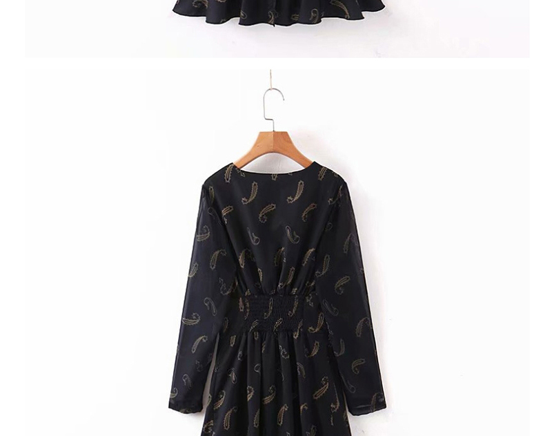Fashion Black V-neck Printed Ruffled Elastic Waist Dress,Mini & Short Dresses