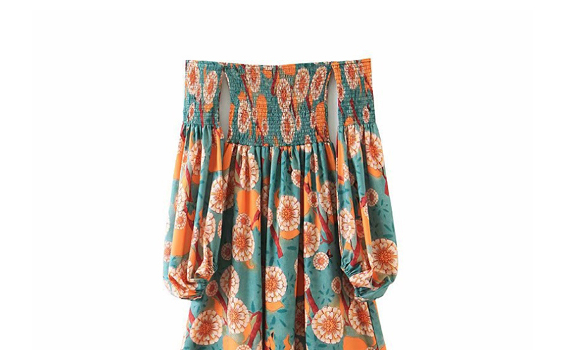 Fashion Green Flower Print Off-shoulder Bandeau Beach Skirt,Long Dress