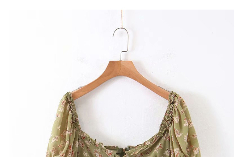 Fashion Green Funky Floral Print Puff Sleeve Shirt,Blouses