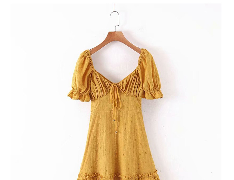 Fashion Yellow Jacquard Lace Up Fungus Dress,Mini & Short Dresses