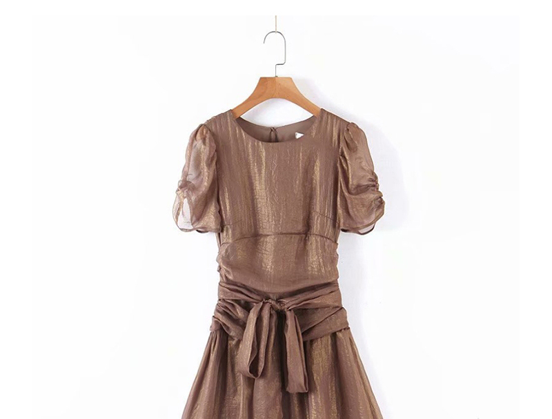 Fashion Coffee Color Pleated Shiny Belt Dress,Mini & Short Dresses