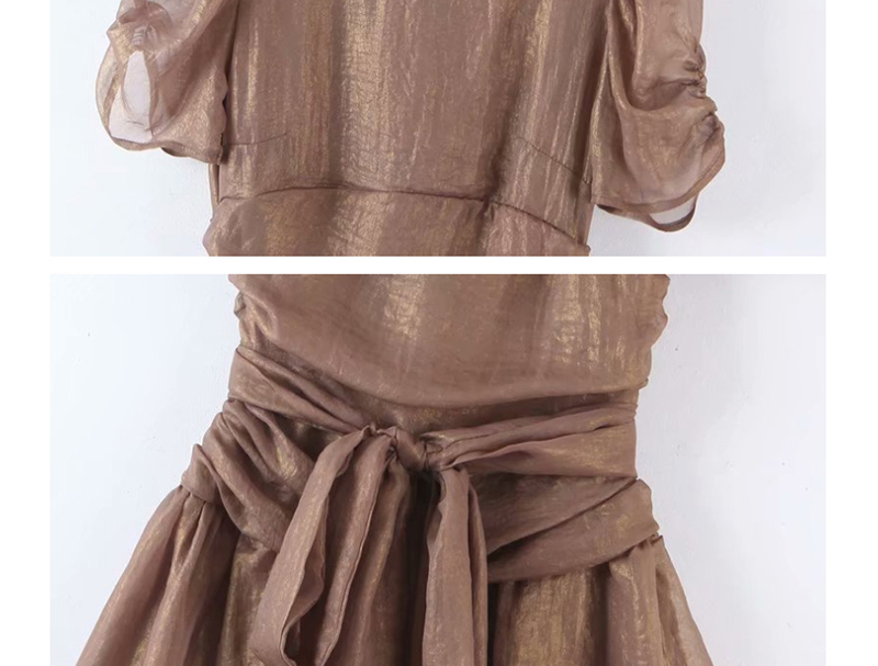Fashion Coffee Color Pleated Shiny Belt Dress,Mini & Short Dresses