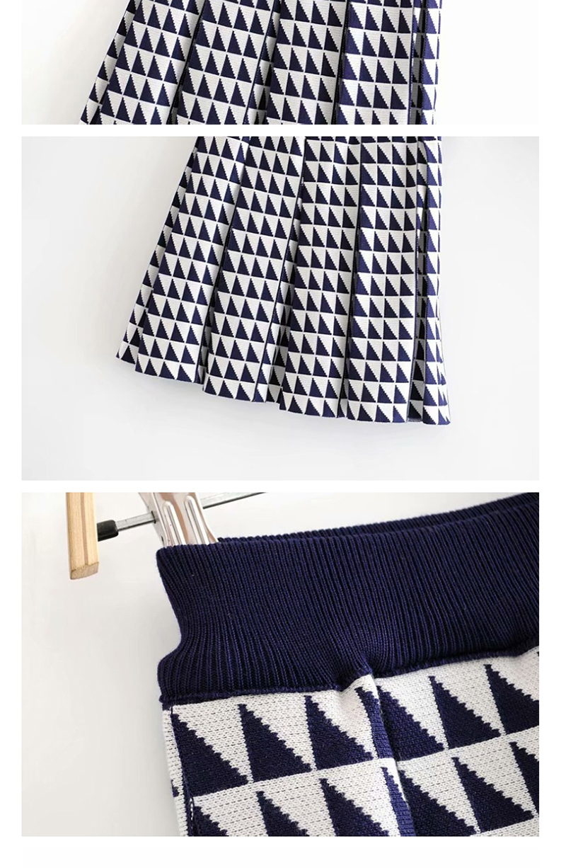 Fashion Navy Checked Knit + Skirt Set,Sweater