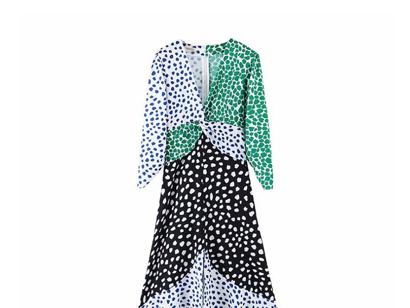 Fashion Green + Black + White Floral Print Stitching Split Chiffon Dress,Long Dress