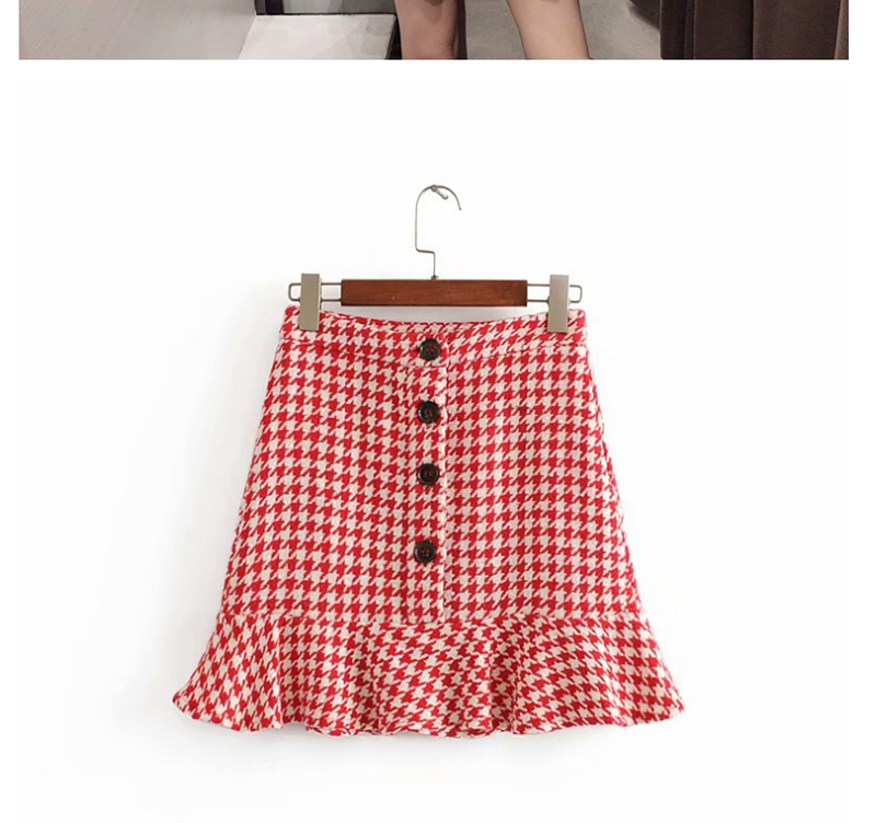 Fashion Red Houndstooth Check Single-breasted Skirt,Skirts
