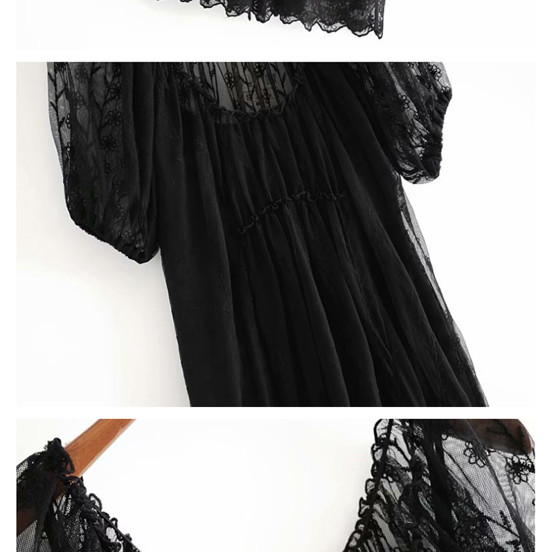 Fashion Black Lace Panel Sheer Dress,Long Dress