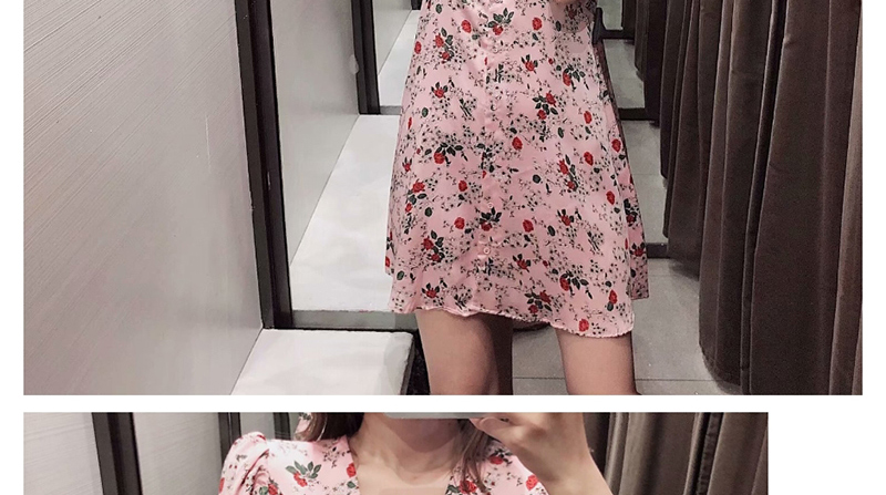 Fashion Pink Flower Print V-neck Dress,Mini & Short Dresses