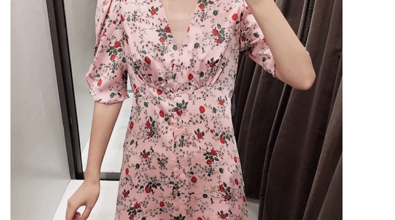 Fashion Pink Flower Print V-neck Dress,Mini & Short Dresses