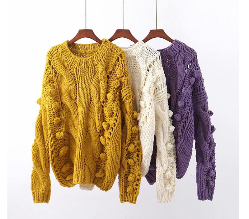 Fashion White Hollow Knit Ball Twist Sweater,Sweater