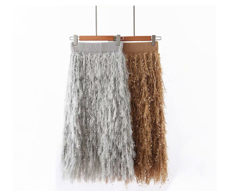 Fashion Gray Feather Fringed Knitted Skirt,Skirts