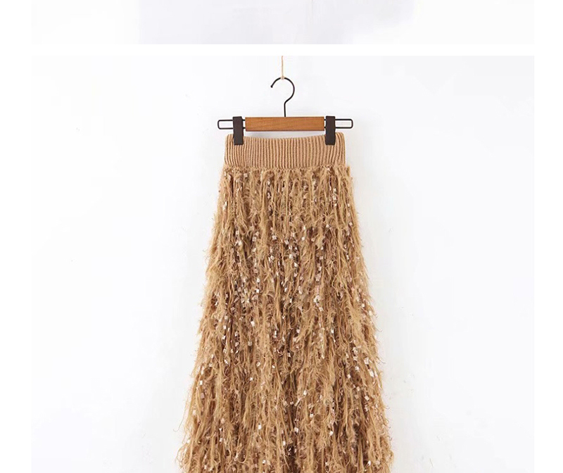 Fashion Khaki Feather Fringed Knitted Skirt,Skirts