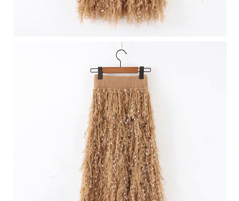 Fashion Khaki Feather Fringed Knitted Skirt,Skirts