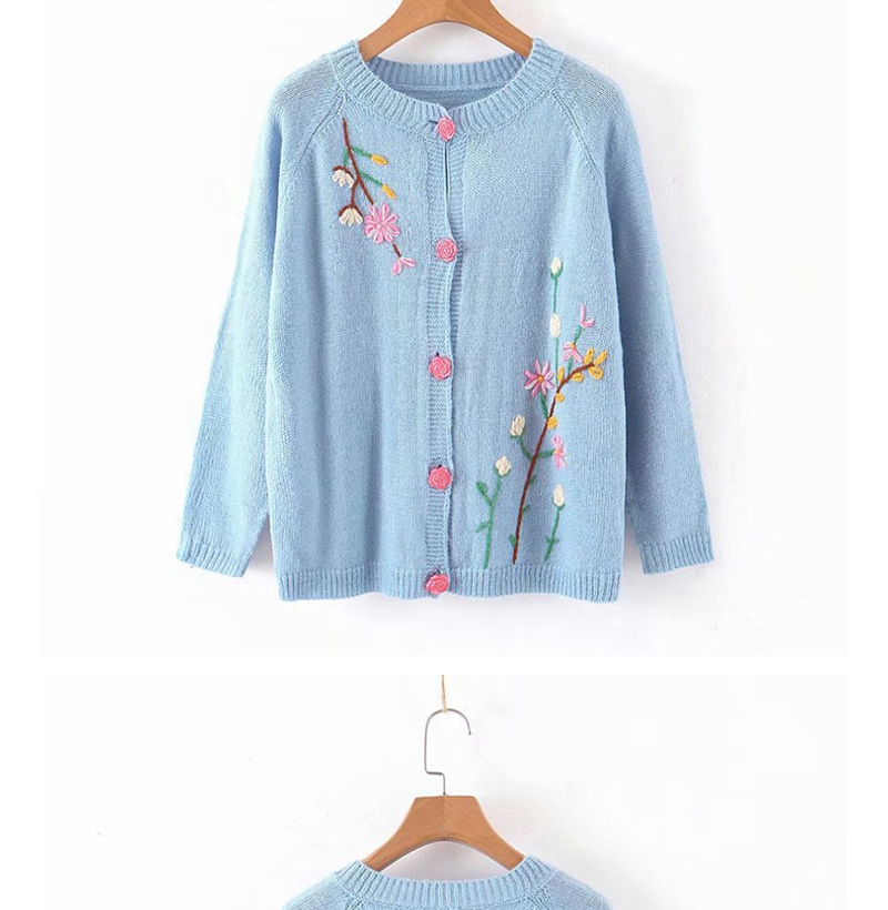 Fashion Blue Embroidered Floret V-neck Single-breasted Cardigan Sweater,Sweater