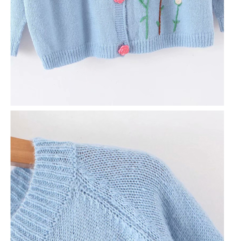 Fashion Blue Embroidered Floret V-neck Single-breasted Cardigan Sweater,Sweater