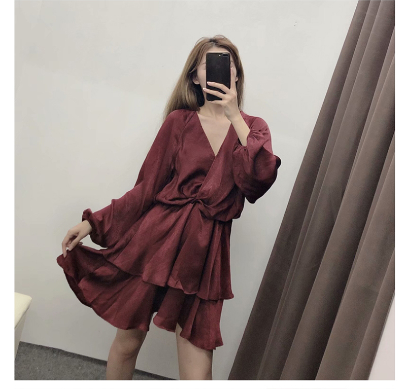 Fashion Wine Red Stacked Silk-satin V-neck Pleated Dress,Long Dress