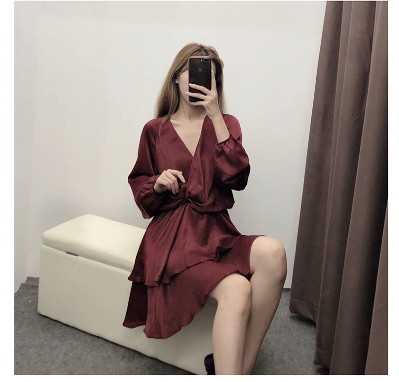 Fashion Wine Red Stacked Silk-satin V-neck Pleated Dress,Long Dress