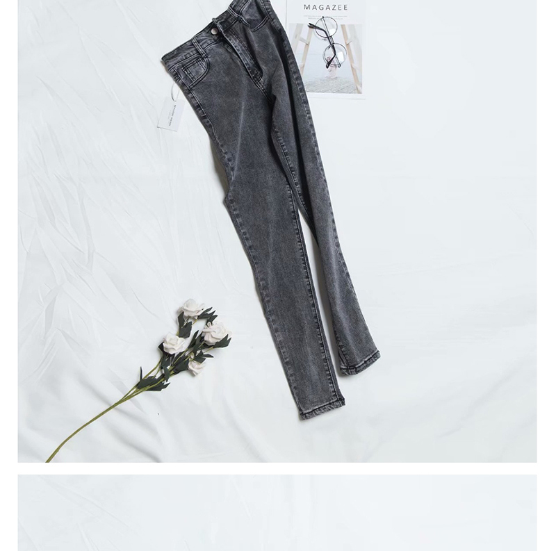 Fashion Gray Washed High-rise Stretch Denim Pencil Feet Cropped Pants,One Pieces