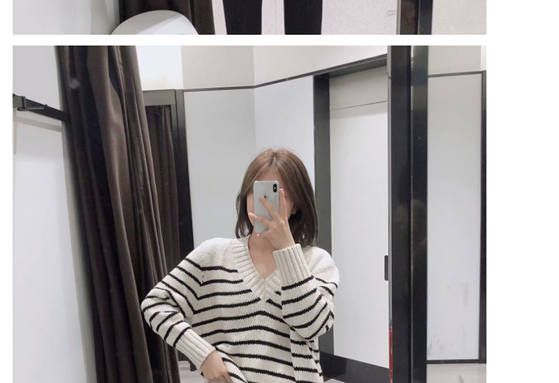 Fashion White Striped V-neck Sweater,Sweater