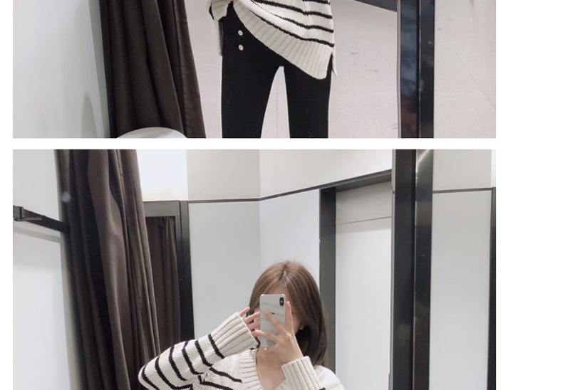 Fashion White Striped V-neck Sweater,Sweater