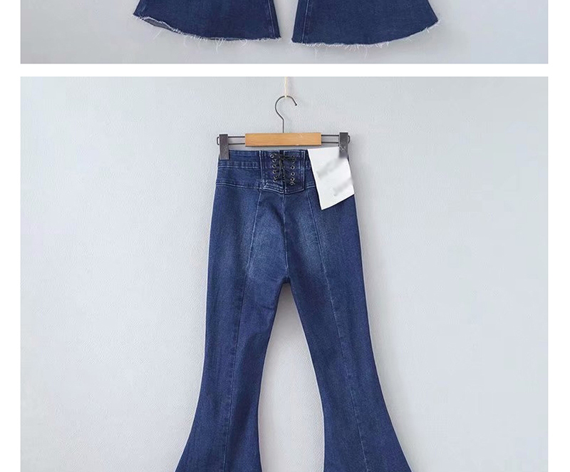 Fashion Blue Washed Waist Drawstring High Waist Raw Flared Jeans,One Pieces