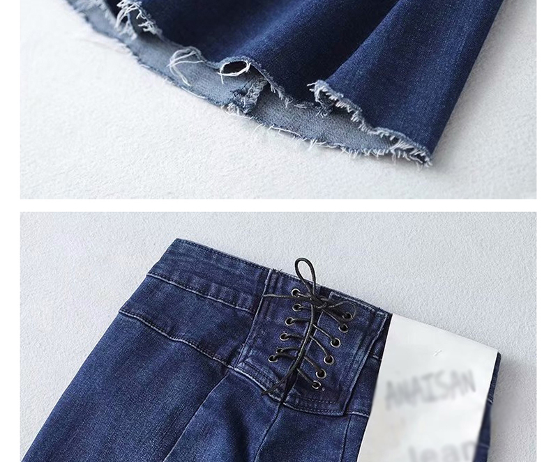 Fashion Blue Washed Waist Drawstring High Waist Raw Flared Jeans,One Pieces