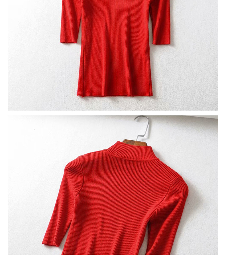 Fashion Red Threaded Collar Middle Sleeve Knit T-shirt,Tank Tops & Camis