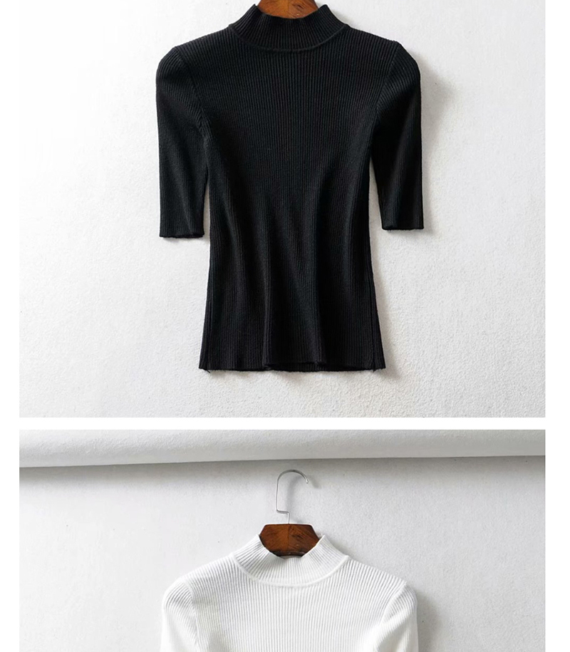Fashion White Threaded Collar Middle Sleeve Knit T-shirt,Tank Tops & Camis