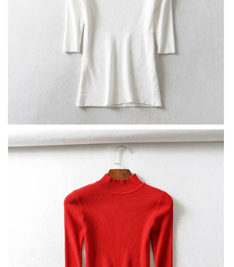 Fashion White Threaded Collar Middle Sleeve Knit T-shirt,Tank Tops & Camis